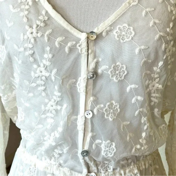 White Lacy Embroidered Maxi Dress Festival Summer Boho Kimono Medium - Picture 11 of 11